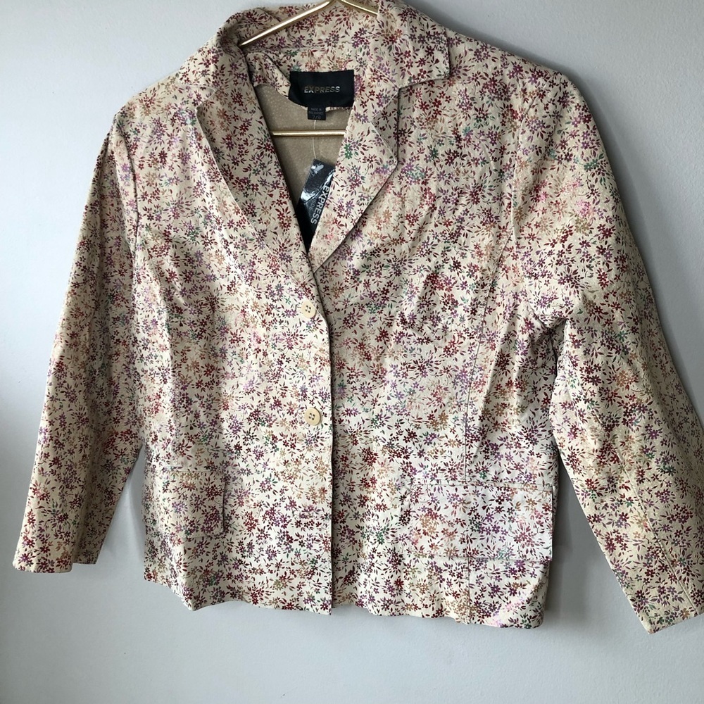 NWT Vintage Tan Suede Leather Boxy Jacket Ditzy Floral Print 7/8 - Picture 2 of 16